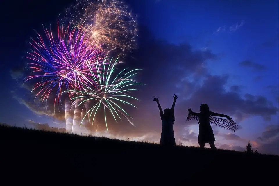 2 girls celebrating 4th of july. a dog scared of fireworks