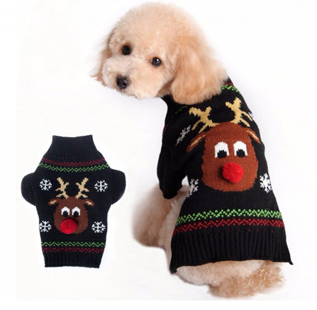 A dog wearing the Cute Reindeer Christmas Dog Sweater