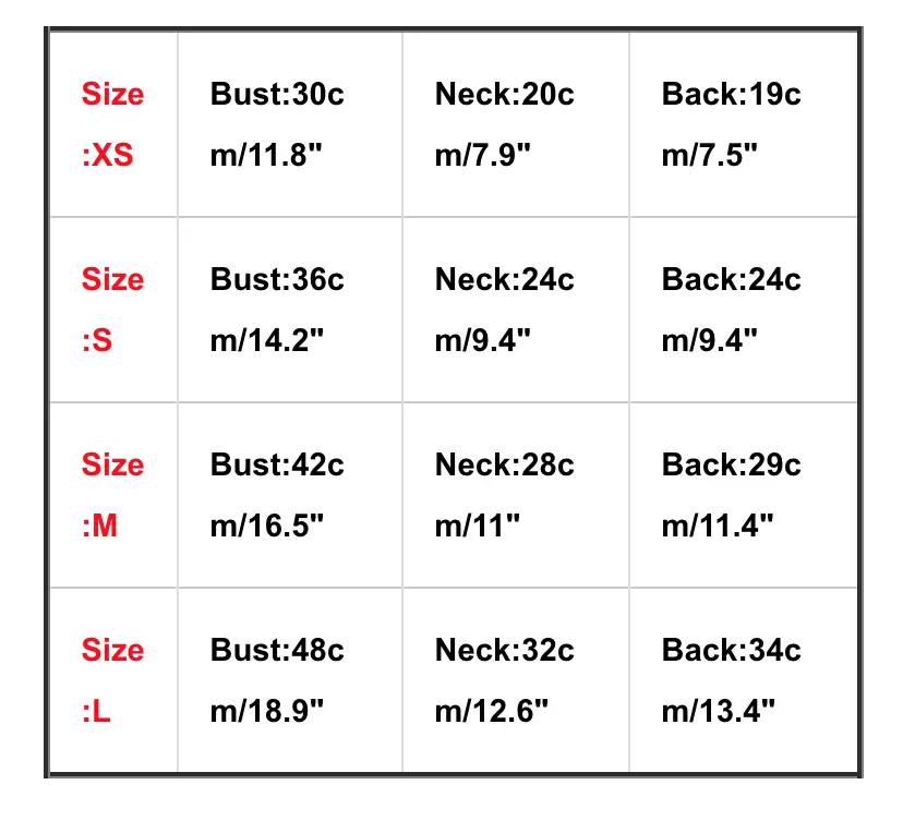 Dog sweater measurements table