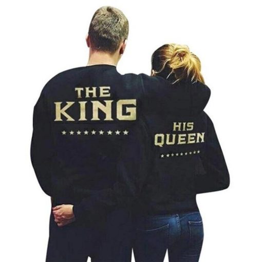 KING QUEEN Letters Print Men Women Lovers Couple Sweatshirt 1