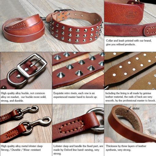Luxury HQ Natural Leather Dog Collar and Leash (studded Collar) 7