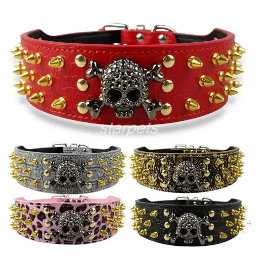 Easy Adjustable Skull Spiked Dog Collar - Made of Strong Leather 1